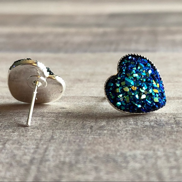 Blue Faux Druzy Silver Heart Stud Earrings! - Picture 2 of 6